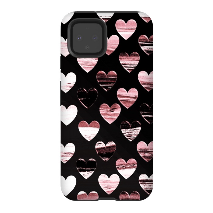 Pixel 4 StrongFit Pink white brushed chocolate hearts on black backgroung by Oana 