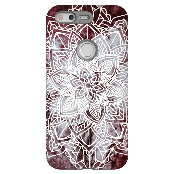 Pixel StrongFit white line art floral mandala on burgundy marble by Oana 