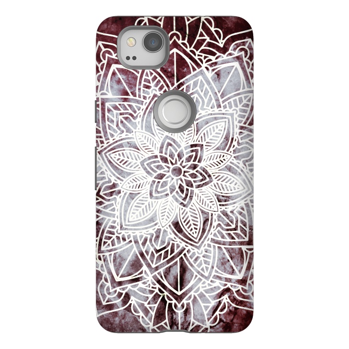 Pixel 2 StrongFit white line art floral mandala on burgundy marble by Oana 