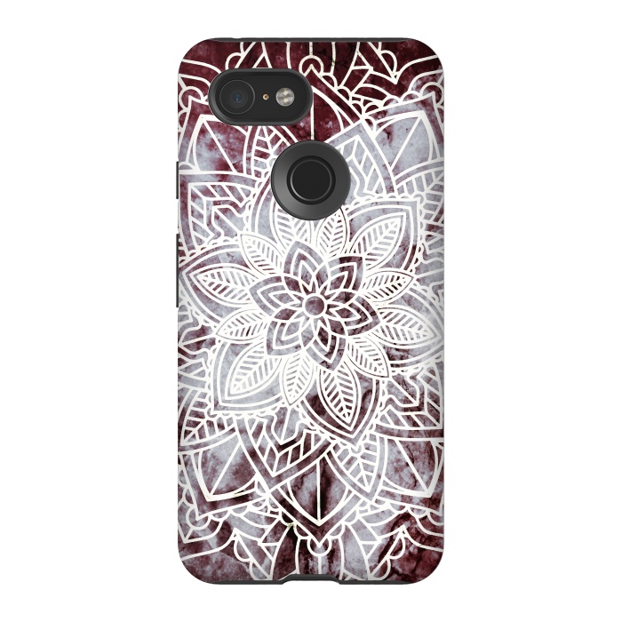 Pixel 3 StrongFit white line art floral mandala on burgundy marble by Oana 