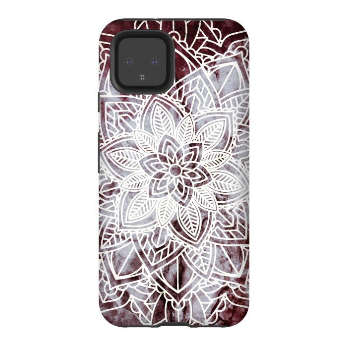 Pixel 4 StrongFit white line art floral mandala on burgundy marble by Oana 