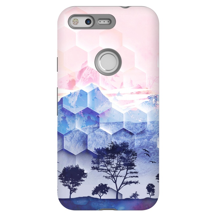 Pixel StrongFit Pink blue geometric mountain utopic landscape and trees by Oana 
