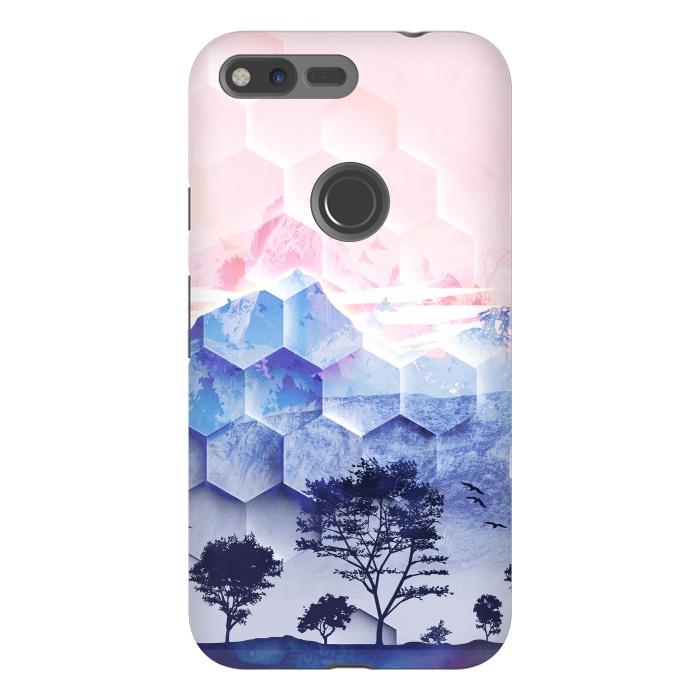 Pixel XL StrongFit Pink blue geometric mountain utopic landscape and trees by Oana 