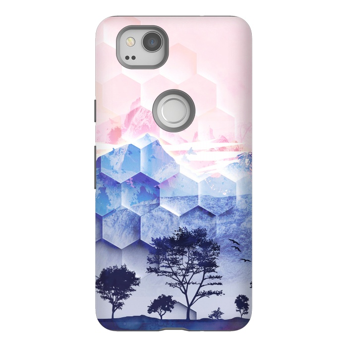 Pixel 2 StrongFit Pink blue geometric mountain utopic landscape and trees by Oana 
