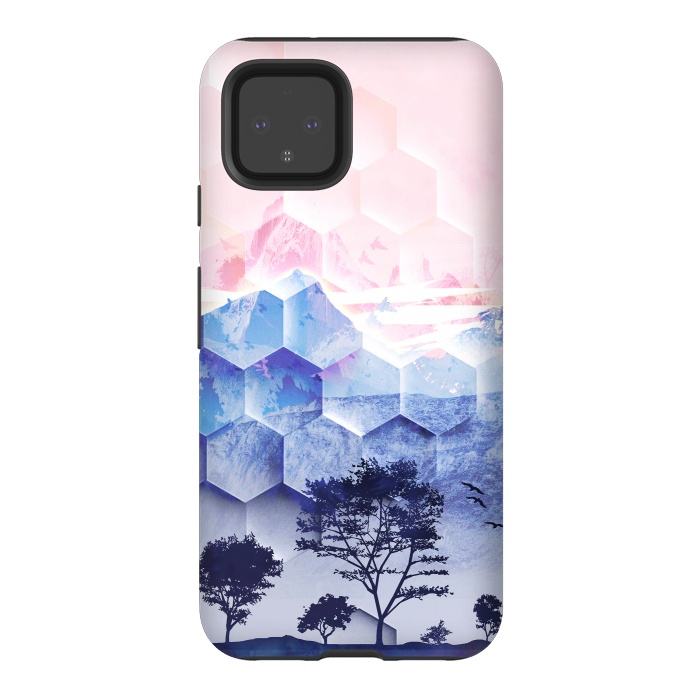 Pixel 4 StrongFit Pink blue geometric mountain utopic landscape and trees by Oana 