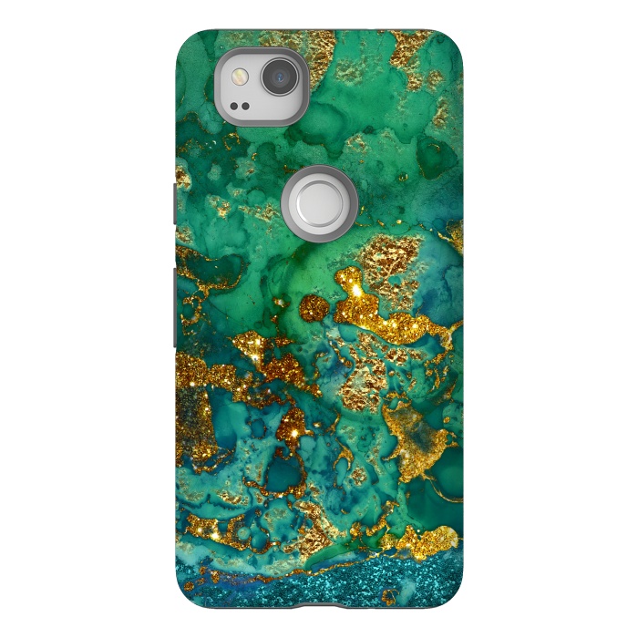 Pixel 2 StrongFit Green Summer Marble with Gold Veins by  Utart