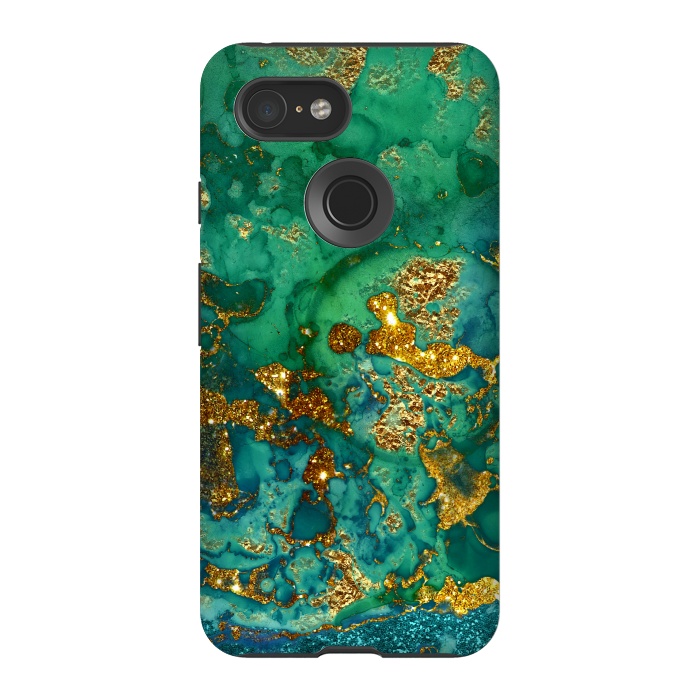 Pixel 3 StrongFit Green Summer Marble with Gold Veins by  Utart