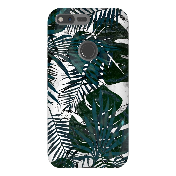 Pixel XL StrongFit Dark green jungle leaves on white marble by Oana 