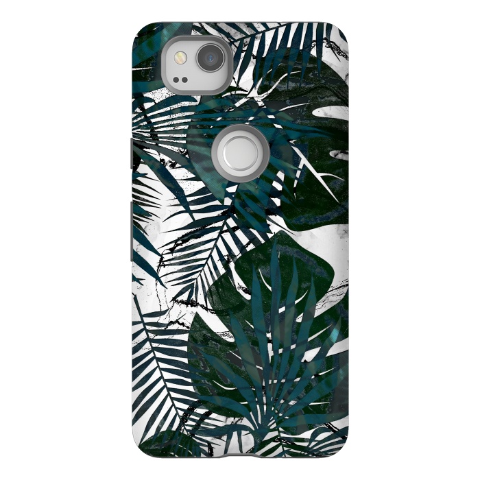 Pixel 2 StrongFit Dark green jungle leaves on white marble by Oana 