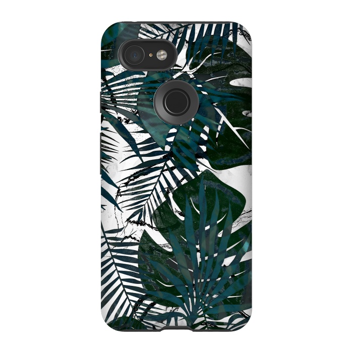 Pixel 3 StrongFit Dark green jungle leaves on white marble by Oana 