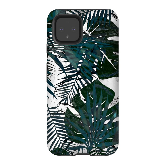 Pixel 4 StrongFit Dark green jungle leaves on white marble by Oana 