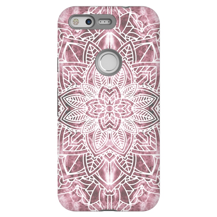 Pixel StrongFit White floral mandala petals on pink marble by Oana 