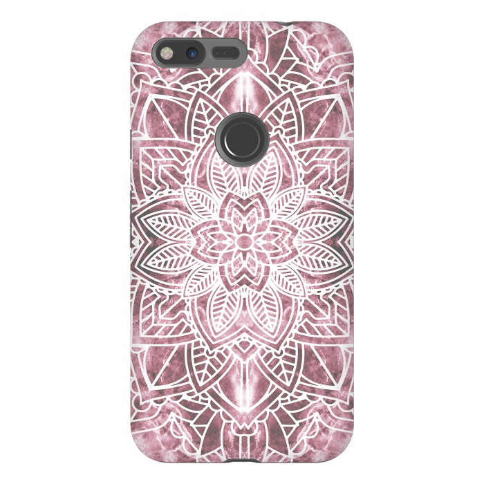 Pixel XL StrongFit White floral mandala petals on pink marble by Oana 