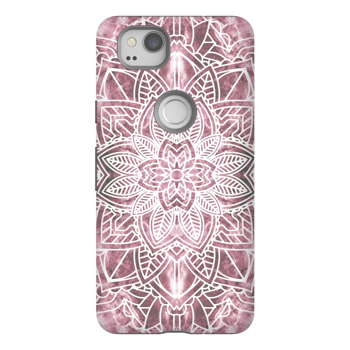 Pixel 2 StrongFit White floral mandala petals on pink marble by Oana 