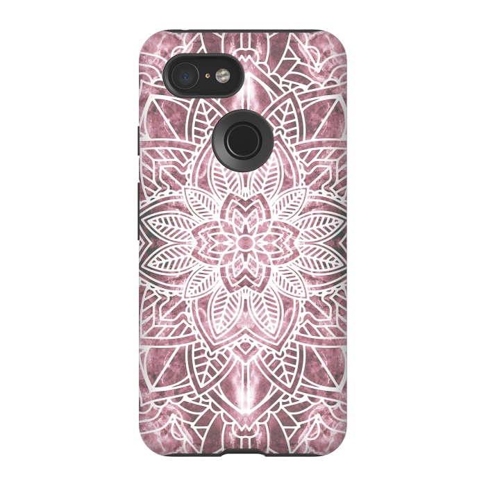 Pixel 3 StrongFit White floral mandala petals on pink marble by Oana 