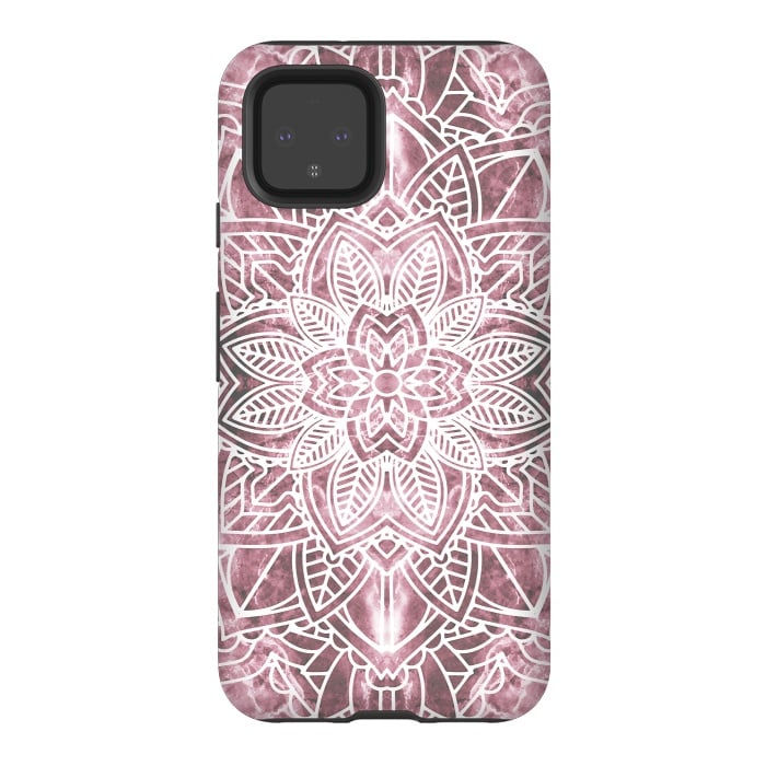 Pixel 4 StrongFit White floral mandala petals on pink marble by Oana 
