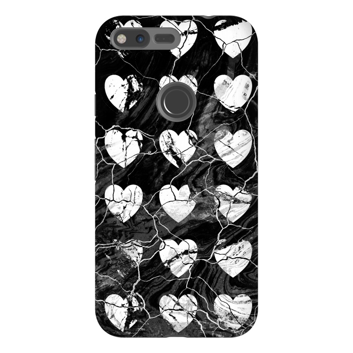 Pixel XL StrongFit Black and white marble hearts pattern by Oana 