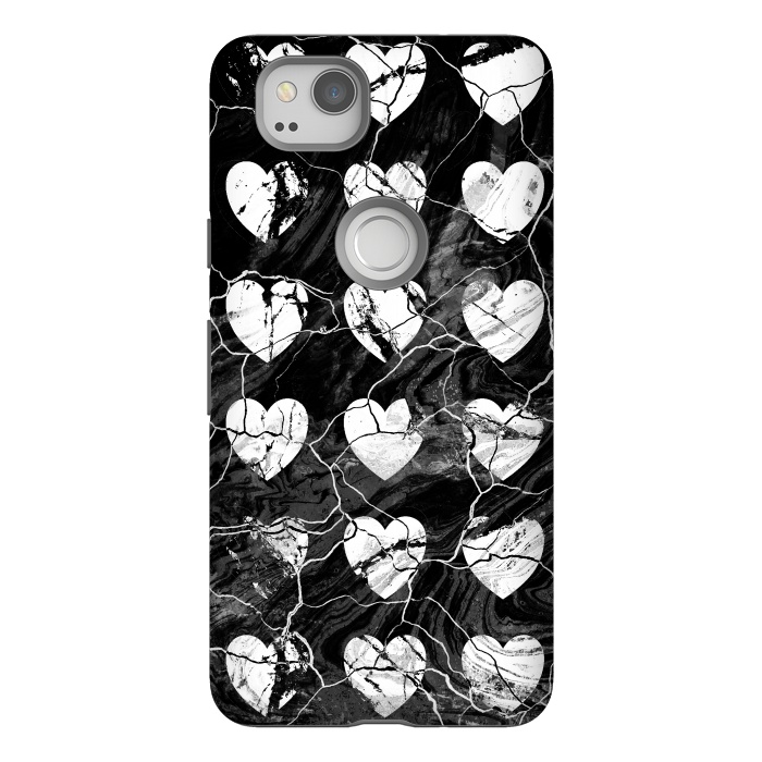 Pixel 2 StrongFit Black and white marble hearts pattern by Oana 