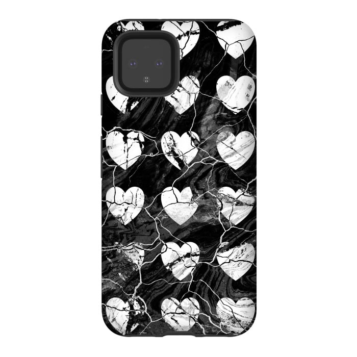 Pixel 4 StrongFit Black and white marble hearts pattern by Oana 
