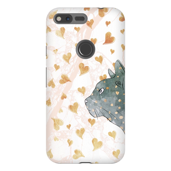 Pixel XL StrongFit cute cat and golden hearts romantic pattern by Oana 