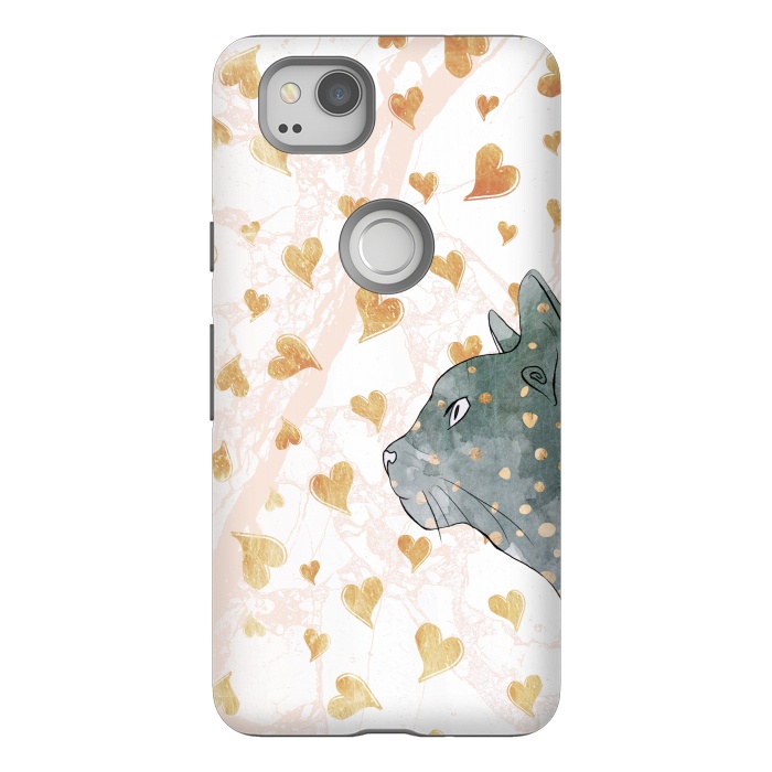 Pixel 2 StrongFit cute cat and golden hearts romantic pattern by Oana 