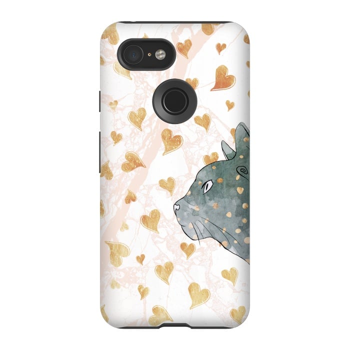 Pixel 3 StrongFit cute cat and golden hearts romantic pattern by Oana 
