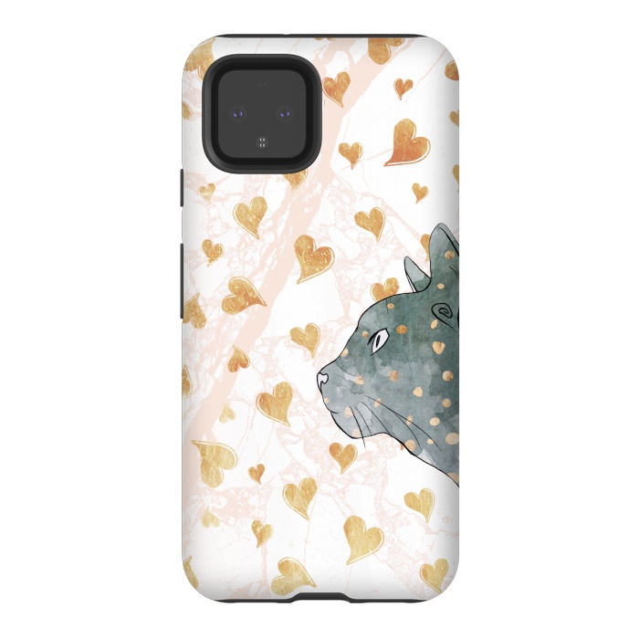 Pixel 4 StrongFit cute cat and golden hearts romantic pattern by Oana 