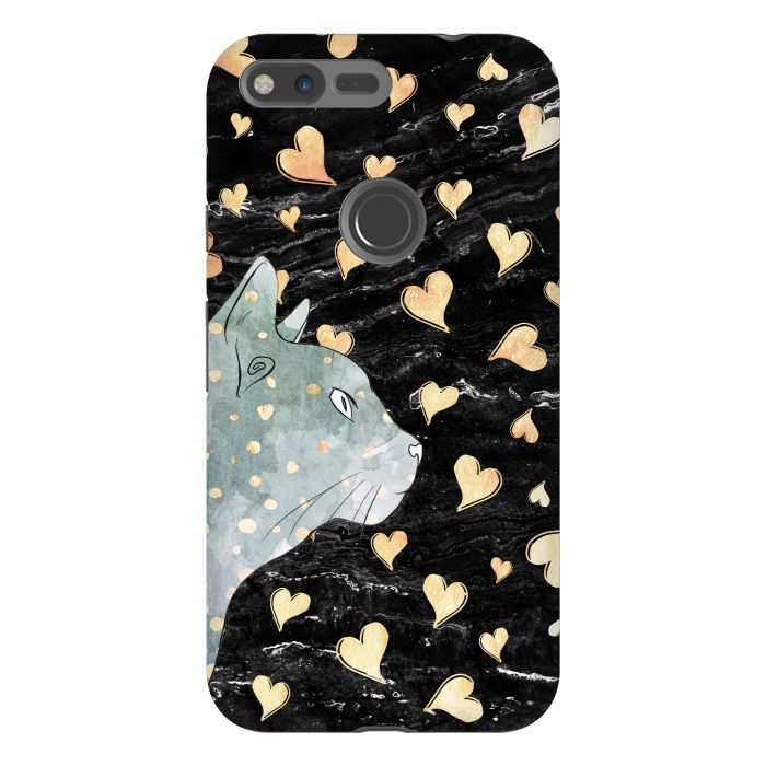 Pixel XL StrongFit cute cat and golden hearts  by Oana 