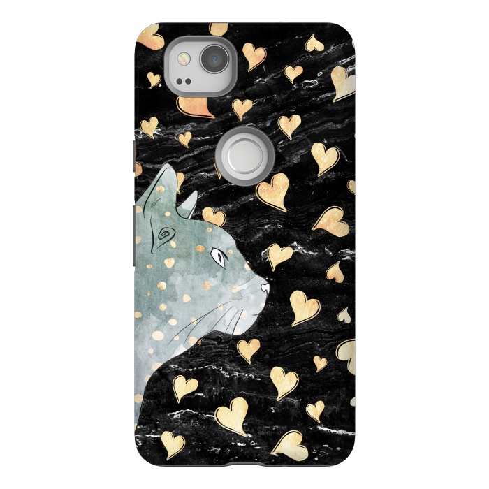 Pixel 2 StrongFit cute cat and golden hearts  by Oana 