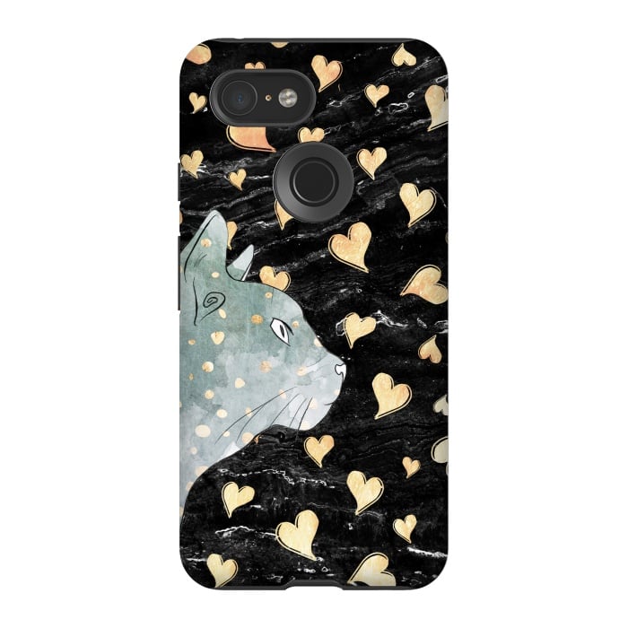 Pixel 3 StrongFit cute cat and golden hearts  by Oana 