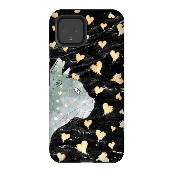 Pixel 4 StrongFit cute cat and golden hearts  by Oana 