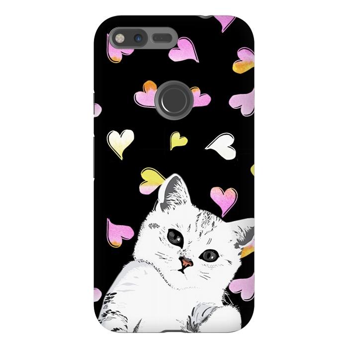 Pixel XL StrongFit Playful white kitten and watercolor hearts by Oana 