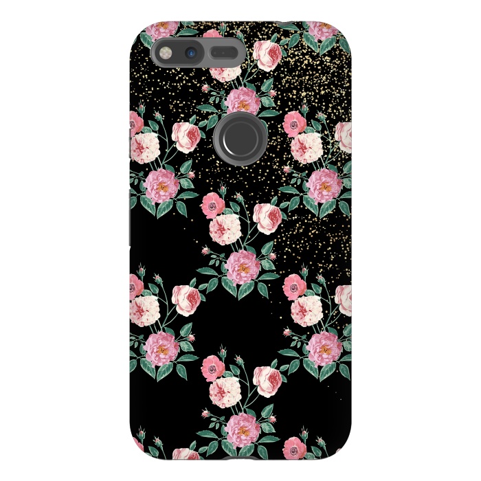 Pixel XL StrongFit Romantic peony floral and golden confetti design by InovArts