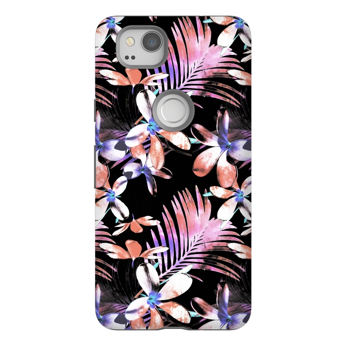 Pixel 2 StrongFit Pink purple hibiscus flowers and tropical leaves pattern by Oana 