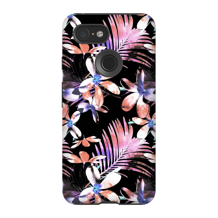Pixel 3 StrongFit Pink purple hibiscus flowers and tropical leaves pattern by Oana 