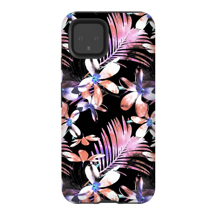 Pixel 4 StrongFit Pink purple hibiscus flowers and tropical leaves pattern by Oana 