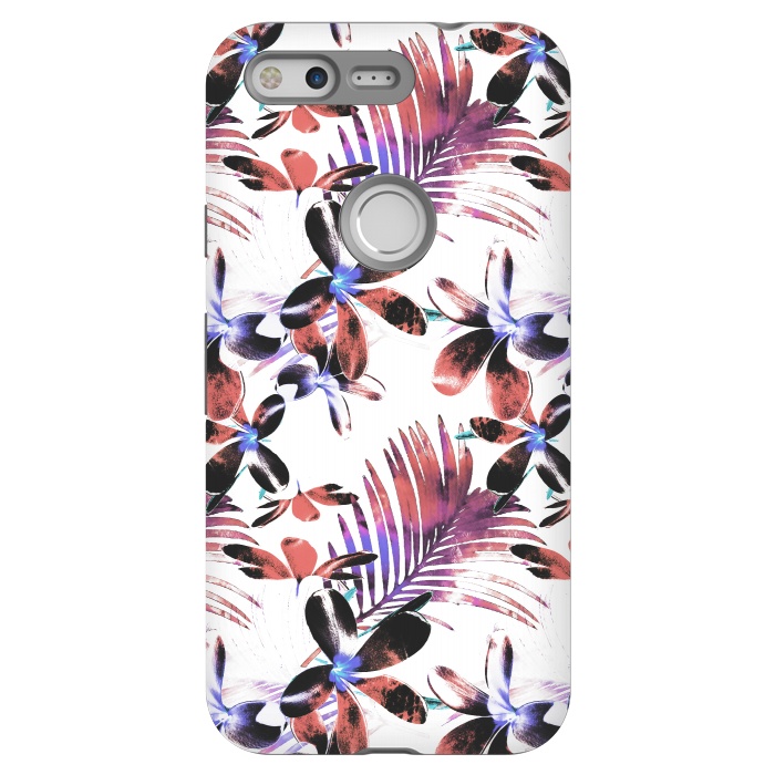 Pixel StrongFit Pink purple tropical hibiscus and palm leaves by Oana 