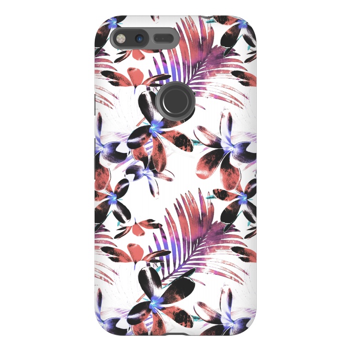 Pixel XL StrongFit Pink purple tropical hibiscus and palm leaves by Oana 