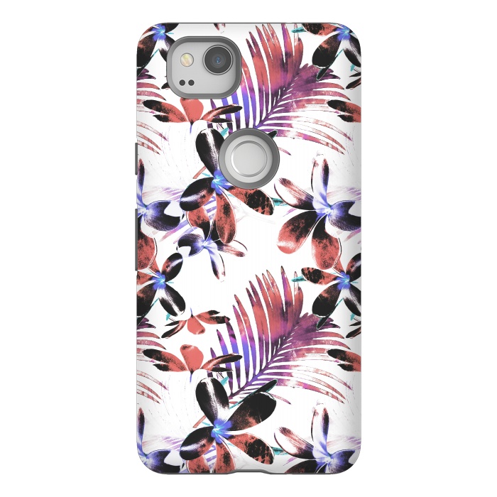 Pixel 2 StrongFit Pink purple tropical hibiscus and palm leaves by Oana 
