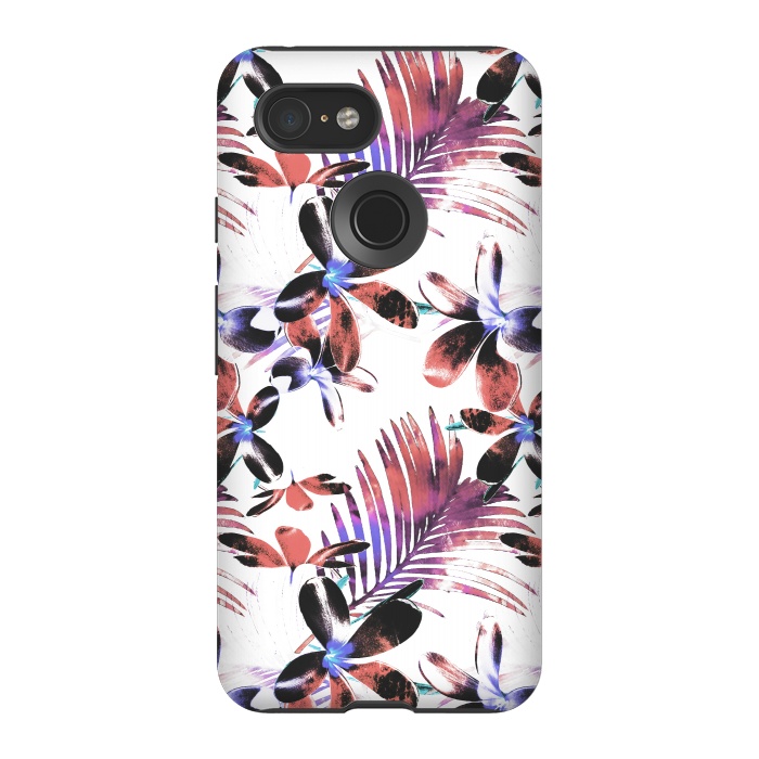 Pixel 3 StrongFit Pink purple tropical hibiscus and palm leaves by Oana 