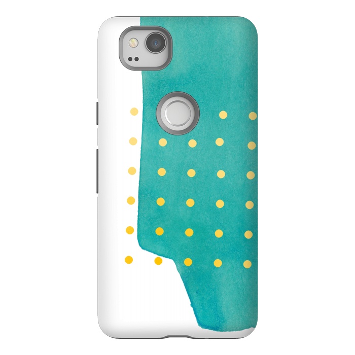 Pixel 2 StrongFit Abstract Teal Watercolor Brushstroke with Yellow Polka Dots by amini54