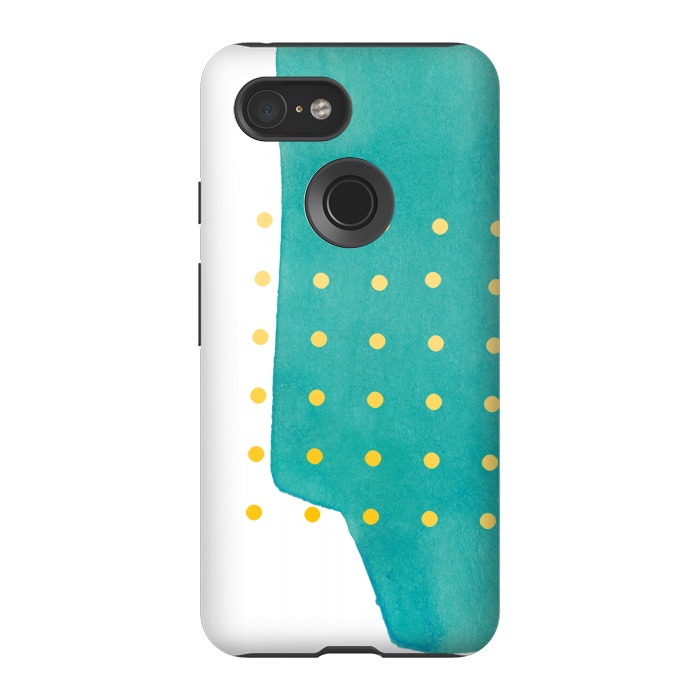 Pixel 3 StrongFit Abstract Teal Watercolor Brushstroke with Yellow Polka Dots by amini54