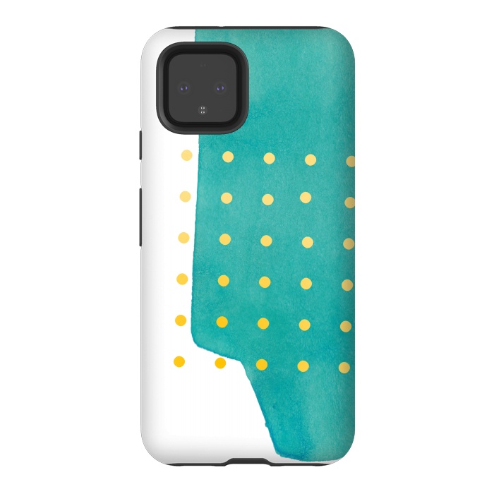 Pixel 4 StrongFit Abstract Teal Watercolor Brushstroke with Yellow Polka Dots by amini54