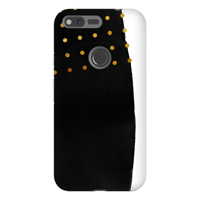 Pixel XL StrongFit Black Abstract Watercolor Brushstroke with Gold Polka Dots by amini54
