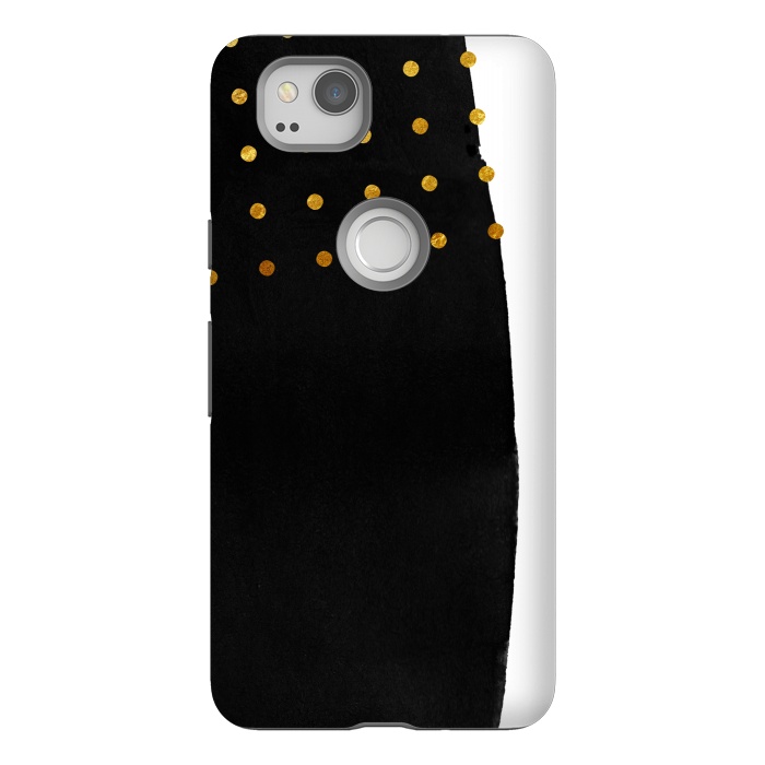 Pixel 2 StrongFit Black Abstract Watercolor Brushstroke with Gold Polka Dots by amini54