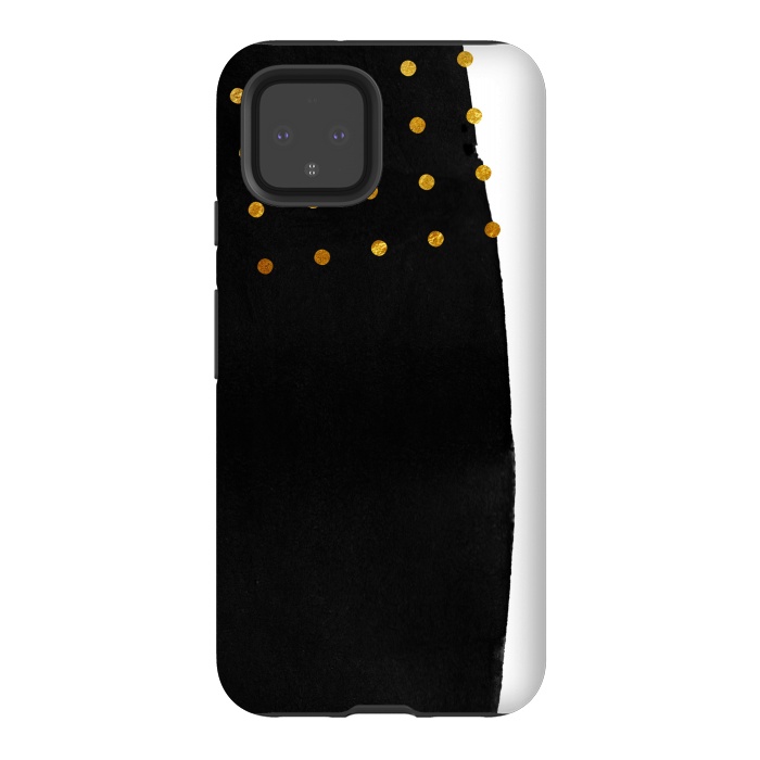 Pixel 4 StrongFit Black Abstract Watercolor Brushstroke with Gold Polka Dots by amini54