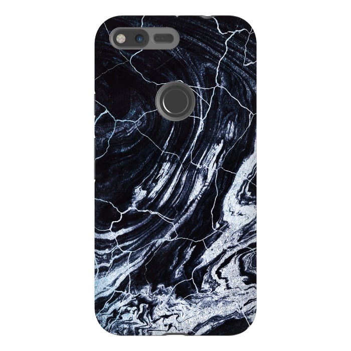 Pixel XL StrongFit Dark navy cracked marble painting by Oana 