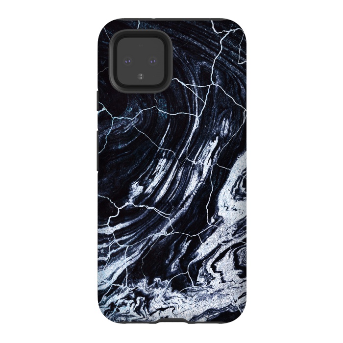 Pixel 4 StrongFit Dark navy cracked marble painting by Oana 