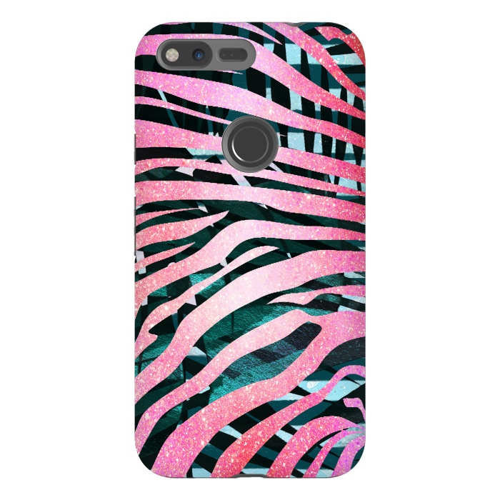 Pixel XL StrongFit Pink zebra stripes on tropical foliage by Oana 