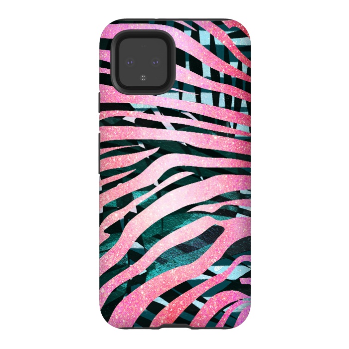 Pixel 4 StrongFit Pink zebra stripes on tropical foliage by Oana 